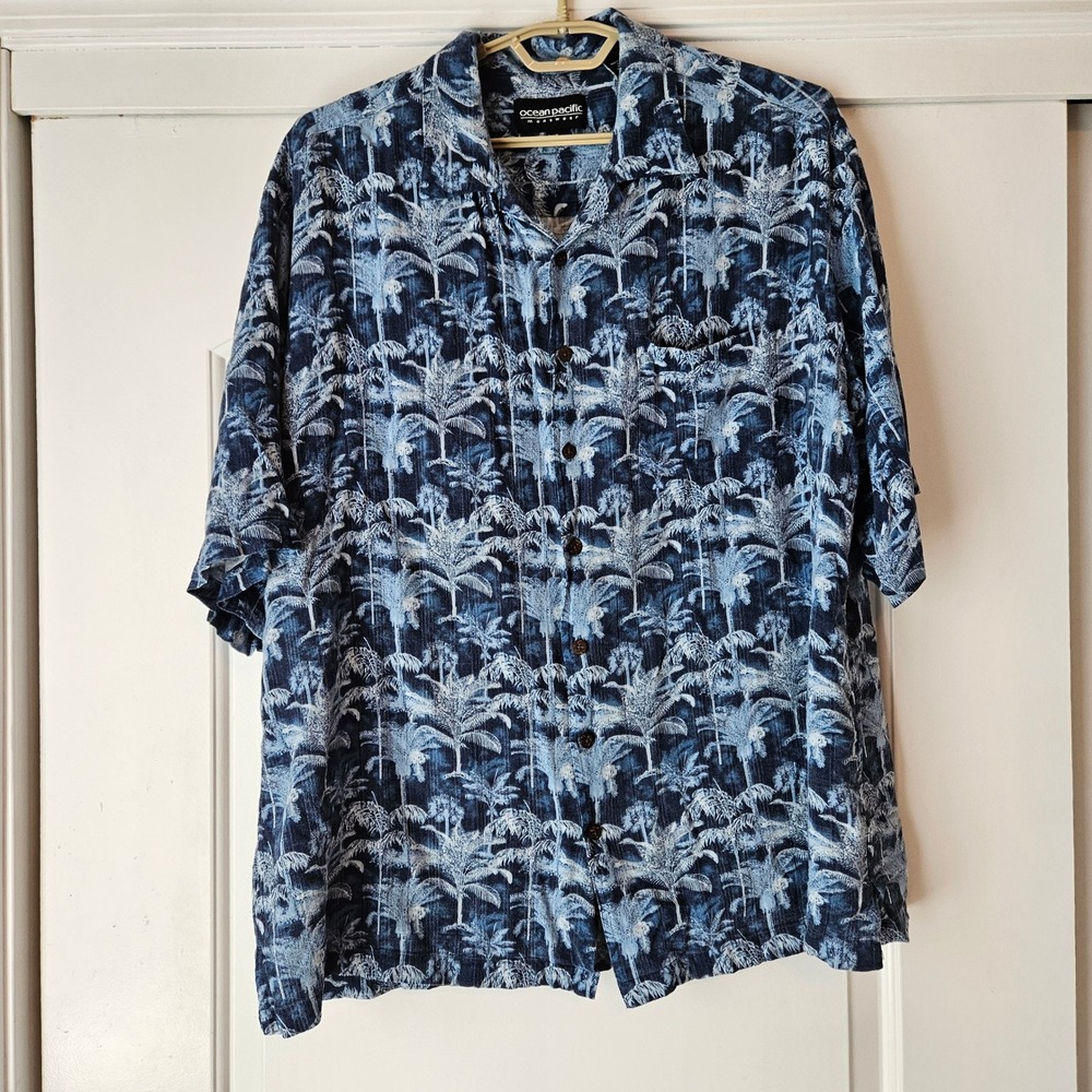Ocean Pacific Button Down Shirt Mens 2XLT Blue Short‎ Sleeve Resort Vacation